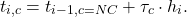 \begin{equation*}t_{i,c}=t_{i-1,c=NC}+\tau_{c} \cdot h_{i}.\end{equation*}